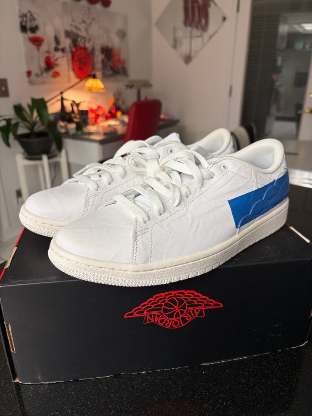 Jordan White Low-Top Sneakers with Blue Panel